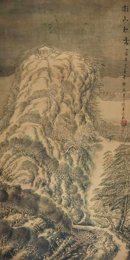 李丹父亲李春秋作品在丝绢上作画《南山积雪》规格：50x100cm.jpg