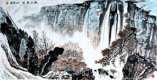 国画 《激流飞挂 》规格：137cmx68cm 价格：每平尺15000元.jpg