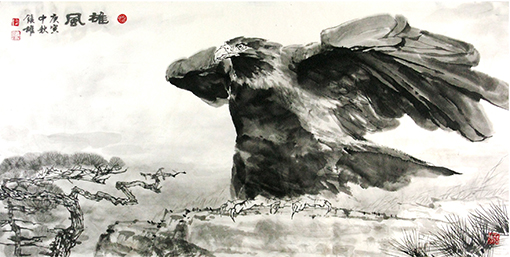 国画《雄风 》规格：138cmx68cm 价格：每平尺15000元.jpg