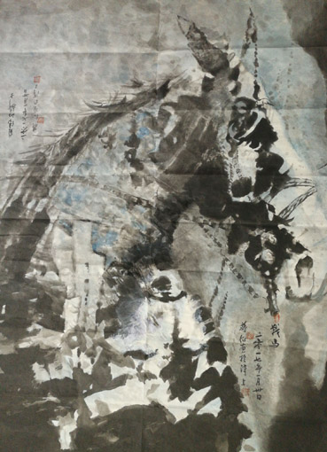 蒋征作品世界独创正倒中国画（战马），倒过来欣赏（受伤的骑士）规格：90x108cm 2015年.jpg