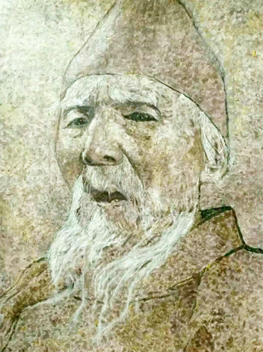 世界独创拼贴油画(齐白石肖像)，78cm×108㎝2016年，此画用擦油笔废弃的颜料纸，待凉干后剪贴成画，近看乱糟糟，远看酷似油画，别有油画风味。.png