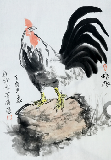 世界独创无笔中国画(雄风)45cm×69cm 2017年，此画不用任何毛笔，而用纸卷，海棉，布条作画，突破几千年中国画的传统格局。.png