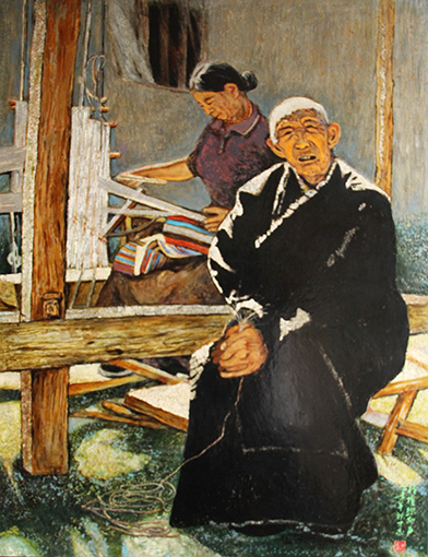 冯才志漆画作品《梭梭织布声》.jpg
