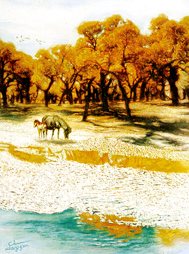 慈向群作品《秋林镜水》布面油画  规格：60cmx45cm  价格：每平尺80000元.jpg