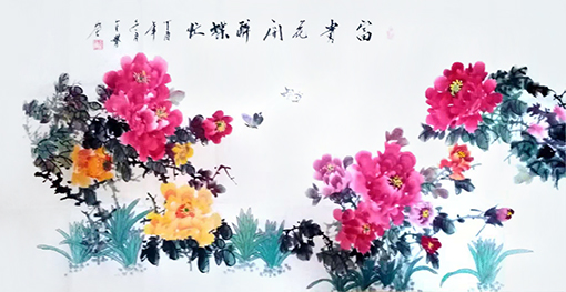 《富贵花开醉碟忙》 规格：138x70cm 价格：3000元一幅.jpg