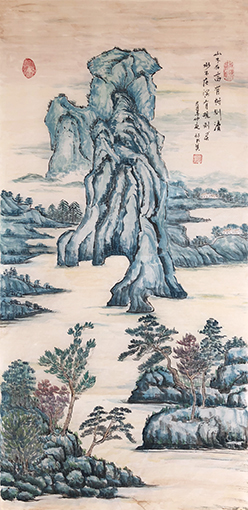 杨书英作《山不在高有树则清、水不在深有规则灵》规格：134cmx68cm.jpg
