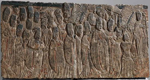 1552873762140451.jpg (图四)皇帝礼佛图 北魏 彩绘石灰岩 高208.3 厘米,宽393.7 厘米 美国大都会艺术博物馆藏.jpg