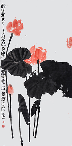 石鲁笔意荷花 2003年 137x68cm.jpg