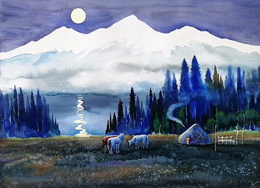 水彩画《草原之夜》规格：75x55cm.jpg