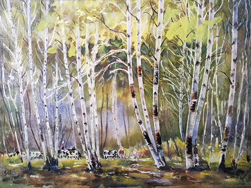 水彩画《桦林深处》规格：75x55cm.jpg