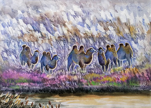 水彩画《苇塘驼影》规格：75x55cm.jpg