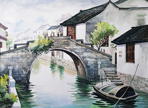 水彩画《周庄水乡》规格：75x55cm.jpg