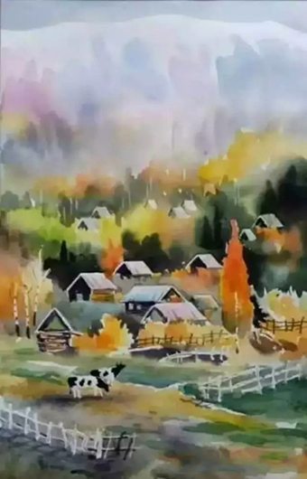 水彩画《禾木秋韵》规格：55x37cm.jpg