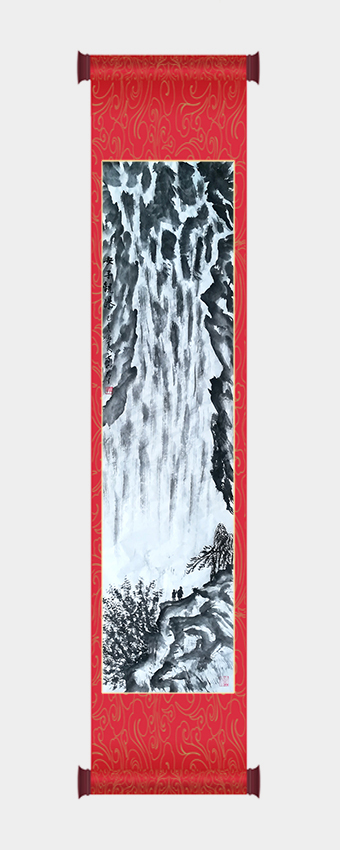 嵇宏才作品《母子观瀑》(己亥)尺寸：138cm×34cm 价格：15000元一幅 .jpg