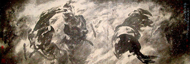 袁烈州作品《飞起玉龙三百万》漫天雪，乌云浸；大风起，猛士歌；-三英立，万马鸣；焕戎装；荡乾坤。.jpg