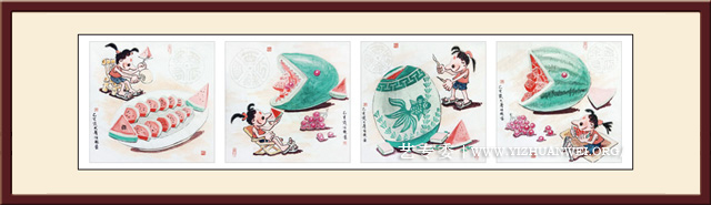 童子戏鱼图之西瓜鱼四方联--50X200cm--价格：5万4（若拆分小幅1万3千5）.jpg