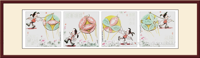 童子戏鱼图之绣球鱼四方联--50X200cm--价格：5万4（若拆分小幅1万3千5).jpg
