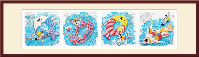童子戏鱼图之泳圈鱼四方联---50X200cm--价格：5万4（若拆分小幅1万3千5）.jpg