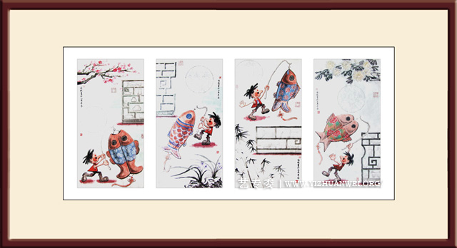 童子戏鱼图之布艺鱼四条屏--100X200cm--价格：5万4（若拆分小幅1万3千5）.jpg