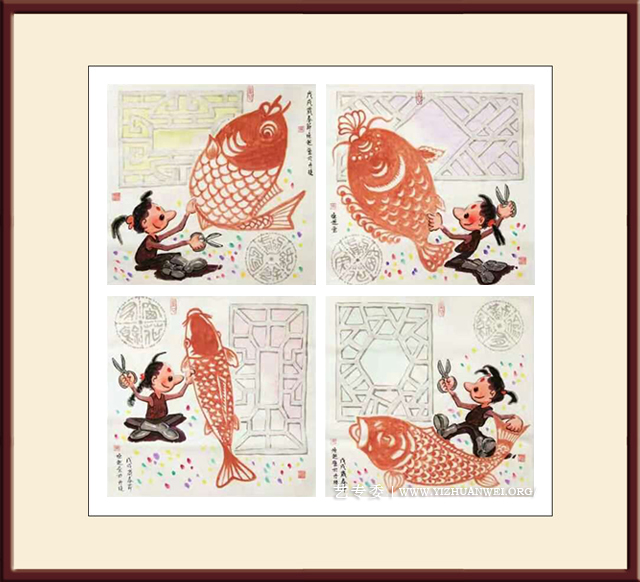 童子戏鱼图之剪纸鱼四方联--100X100cm---价格：5万4（若拆分小幅1万3千5）.jpg
