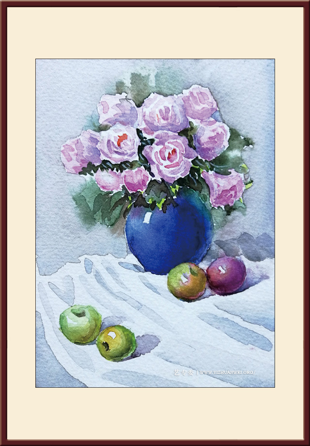 李保存作品-水彩画静物《月季花》尺寸：55cmx37cm-价格：30000元一幅.jpg