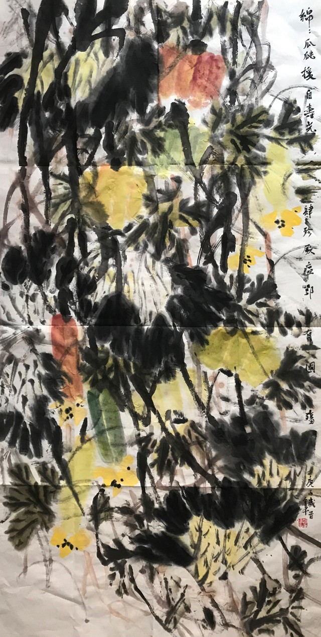道金平作品《瓜瓞绵绵，援自寿光，肆殄厥瘟，鄂有国殇》意思是：瓜果蔬菜绵绵不断从寿光运送到疫区武汉，支援奋战在抗疫一线不怕牺牲的无私奉献者。.jpg