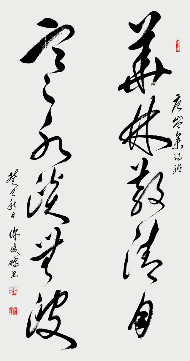 唐岑参诗联-草书对联-138cm×35cm×2-2013-华林散清月，寒水淡无波。.jpg