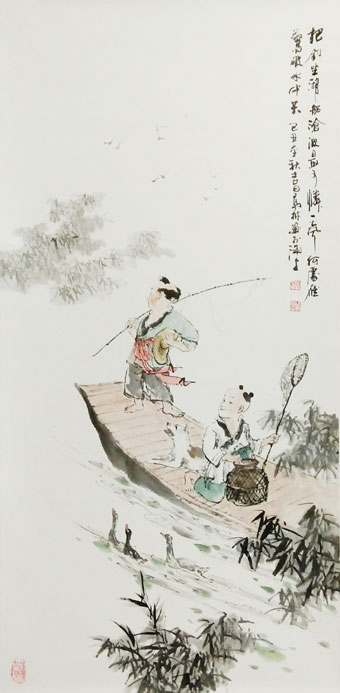 高健林作品《把钓坐湖船》规格：100x50cm-己丑金秋月.jpg
