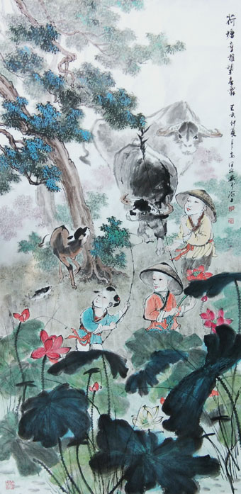 高健林作品《荷塘童稚望春霖》规格：138x68cm-乙亥仲夏月.jpg