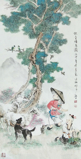 高健林作品《牧童嬉鸟图》规格：100x50cm-丙申季冬月.jpg