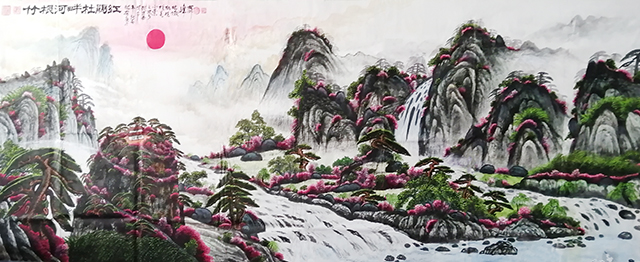 周乃山作品《竹根河畔杜鹃红》240x98cm.jpg