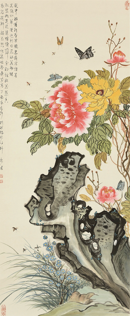 康健作品《牡丹富贵图》139cmX70cm 2017年.jpg