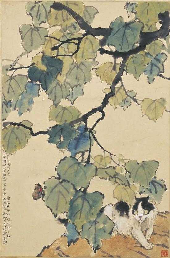 徐悲鸿 梧桐猫蝶图轴