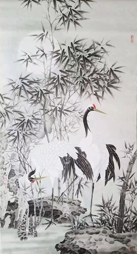 吕增光作品《竹鹤图》尺寸：93×173cm.jpg