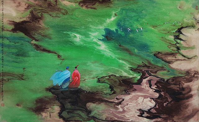 南朝二谢春游大别山当代帛画.jpg