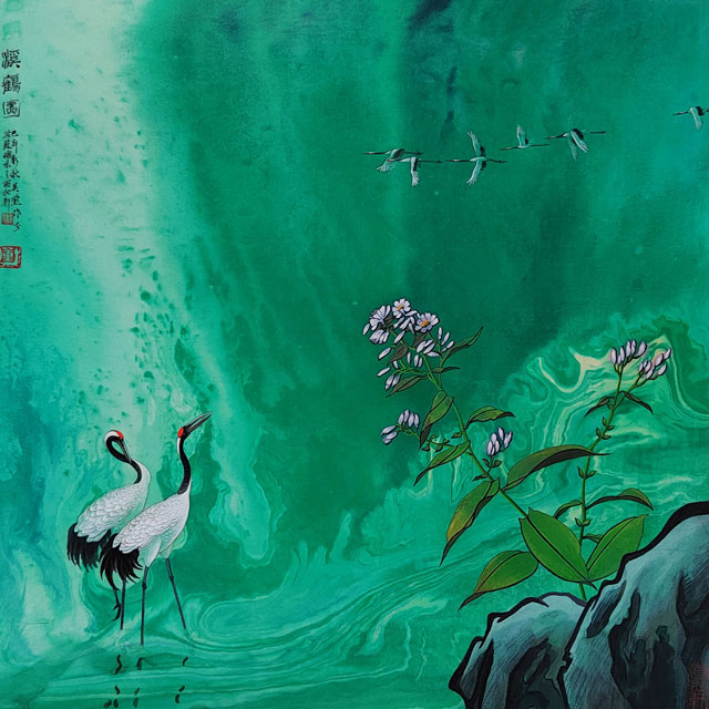 溪鹤图当代帛画.jpg