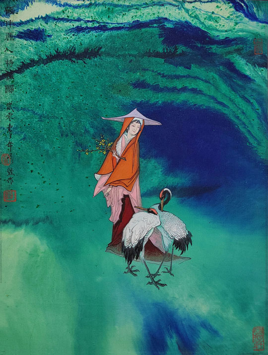 鹤伴丽人持梅图当代帛画.jpg