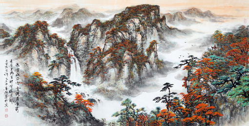 《瀑喧幽谷空，云绕雀音穷，遥看夕阳里，神笔染丹峰》