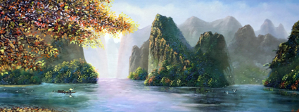 《湖光景色》规格:210×90cm 布面画心 《湖光景色》规格:210×90cm 布面画心