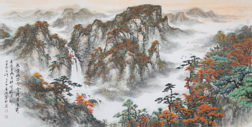 《瀑喧幽谷空，云绕雀音穷，遥看夕阳里，神笔染丹峰》