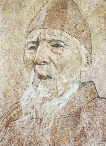 世界独创拼贴油画《齐白石肖像》78×108cm 2016年。此画用擦油画笔废弃的颜料纸待凉干后拼贴成画，近看乱糟糟，远看酷似油画，别有油画风味。