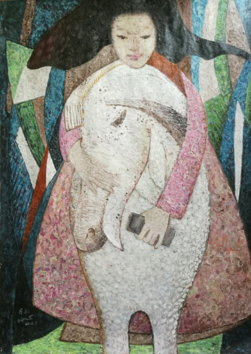 世界独创拼贴油画《少女与马》78×108cm 2016年此画用擦油画笔废弃的颜料纸待凉干后拼贴成画，近看乱糟糟，远看酷似油画，别有油画风味。