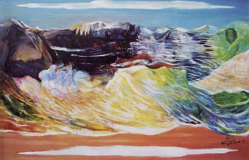 世界独创旋转油画《泥石流》50×60cm 2009年。此画旋转欣赏可出现四幅不同画面，属世界画面绝品。前无古人，后无来者。