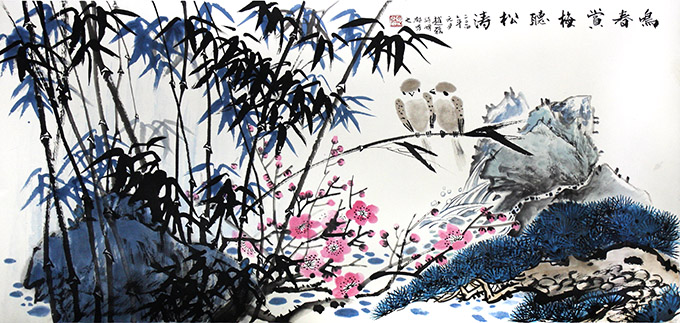 《鸣春赏梅听松涛》137×68cm