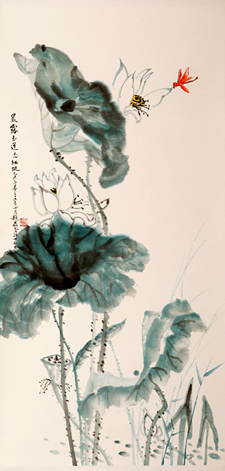 《晨露玉莲恋红蜓》137×68cm