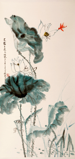 《晨露玉莲恋红蜓》137×68cm