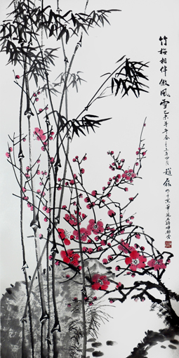 《竹梅相伴傲风雪》137×68cm