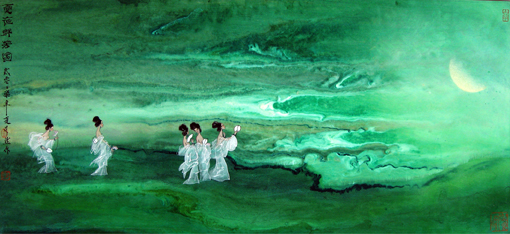 《夏夜群芳圖》当代帛画 34.5×77.5cm 2007年
