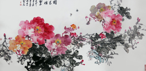 《国色拥翠》董文政纸本花鸟（67.5×136）cm 2001年