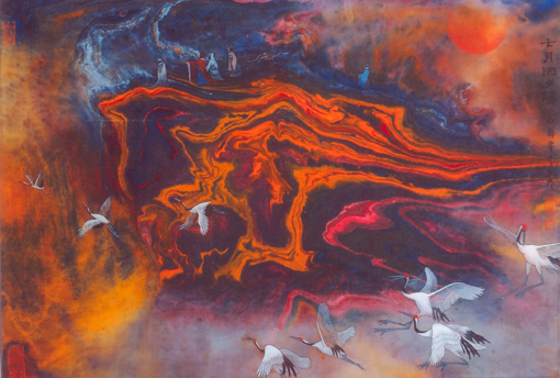 《七月的夕阳》 当代帛画30×44cm 2005年